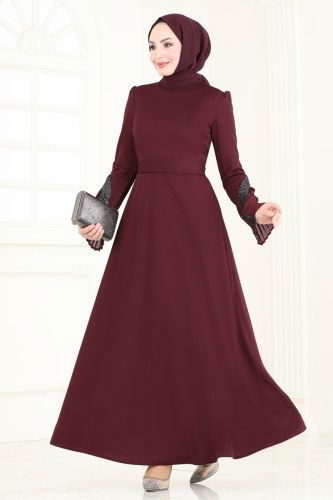 moda selvim Evening Dress ASM2775 Burgundy - Thumbnail