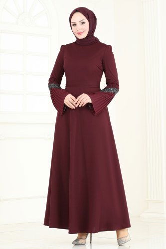 moda selvim Evening Dress ASM2775 Burgundy - Thumbnail