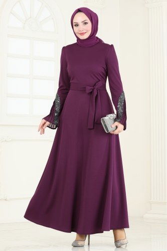 moda selvim Evening Dress ASM2775 Damson - Thumbnail