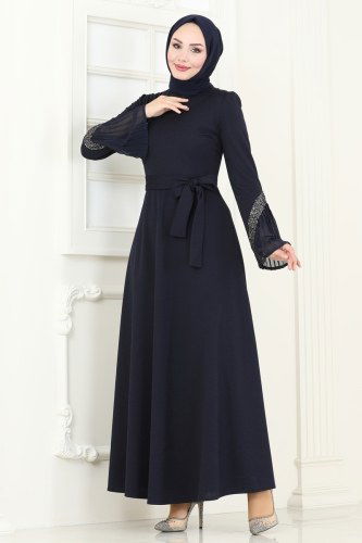 moda selvim Evening Dress ASM2775 Navy Blue - Thumbnail