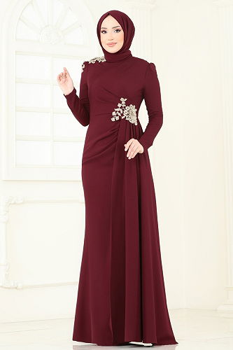 moda selvim فستان سهرة خمري ASM2803 - Thumbnail