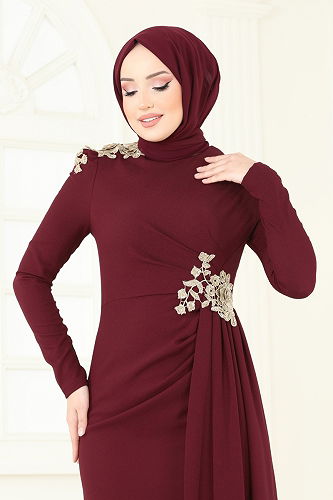 moda selvim فستان سهرة خمري ASM2803 - Thumbnail