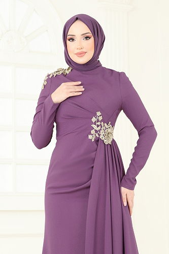 moda selvim فستان سهرة ليلكي غامق ASM2803 - Thumbnail