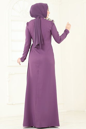 moda selvim فستان سهرة ليلكي غامق ASM2803 - Thumbnail