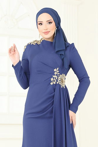 moda selvim Evening Dress ASM2803 Indigo - Thumbnail