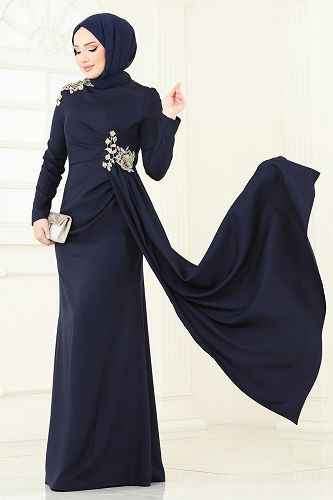 moda selvim Evening Dress ASM2803 Navy Blue - Thumbnail