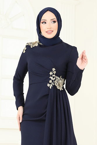 moda selvim فستان سهرة كحلي ASM2803 - Thumbnail