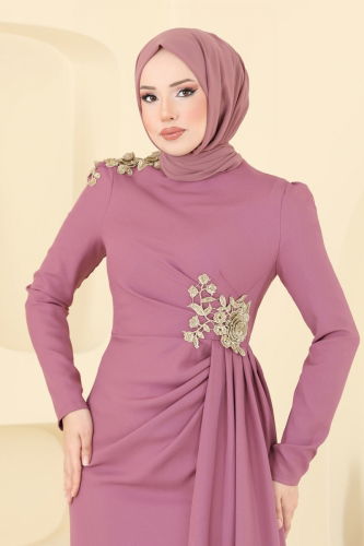 moda selvim فستان سهرة وردي ASM2803 - Thumbnail