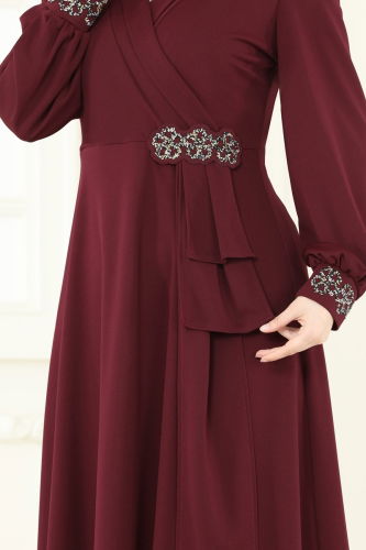 moda selvim Evening Dress ASM2804 Burgundy - Thumbnail