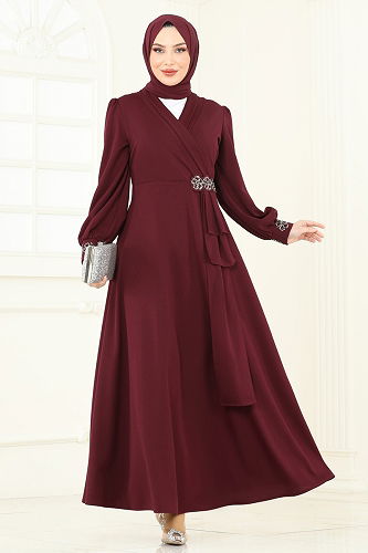 moda selvim Evening Dress ASM2804 Burgundy - Thumbnail