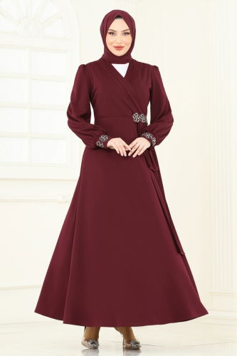 moda selvim Evening Dress ASM2804 Burgundy - Thumbnail