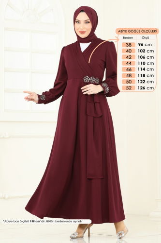 moda selvim Evening Dress ASM2804 Burgundy - Thumbnail