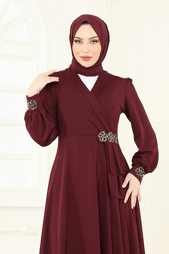 moda selvim فستان سهرة خمري ASM2804 - Thumbnail