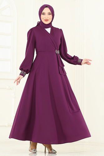 moda selvim Evening Dress ASM2804 Damson - Thumbnail