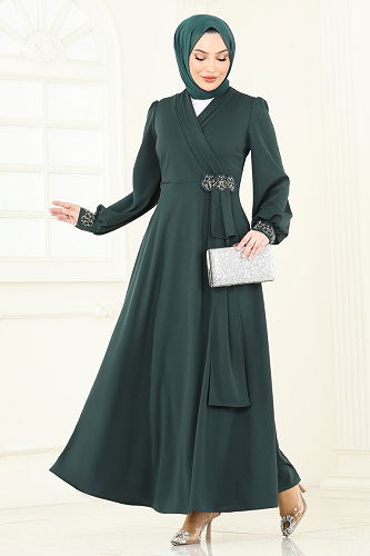 moda selvim فستان سهرة زيتي ASM2804 - Thumbnail