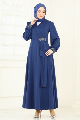 moda selvim Evening Dress ASM2804 Indigo - Thumbnail