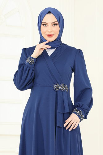 moda selvim Evening Dress ASM2804 Indigo - Thumbnail