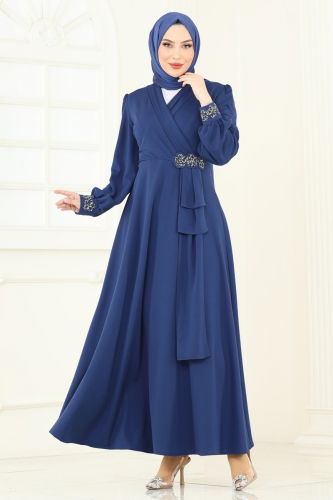 moda selvim فستان سهرة ازرق ASM2804 - Thumbnail