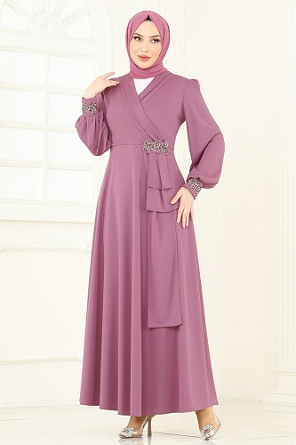 moda selvim فستان سهرة وردي ASM2804 - Thumbnail