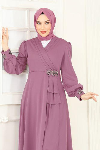 moda selvim فستان سهرة وردي ASM2804 - Thumbnail