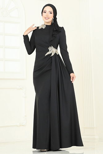 moda selvim Evening Dress ASM2810 Black - Thumbnail