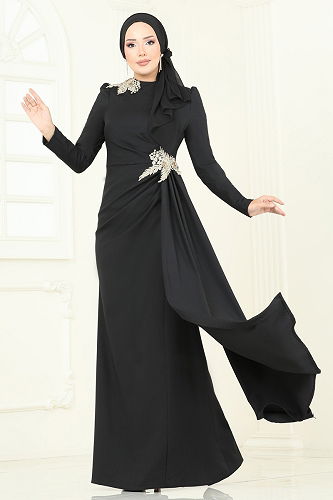 moda selvim فستان سهرة أسود ASM2810 - Thumbnail