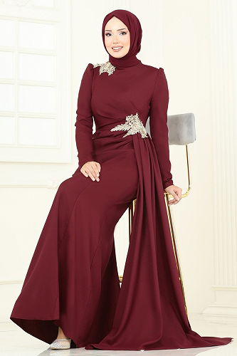 moda selvim Evening Dress ASM2810 Burgundy - Thumbnail