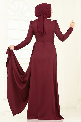 moda selvim Evening Dress ASM2810 Burgundy - Thumbnail