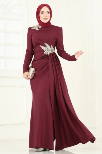 moda selvim فستان سهرة خمري ASM2810 - Thumbnail