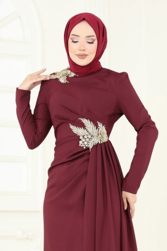 moda selvim فستان سهرة خمري ASM2810 - Thumbnail