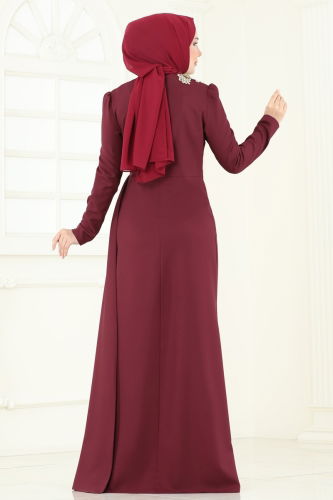 moda selvim فستان سهرة خمري ASM2810 - Thumbnail