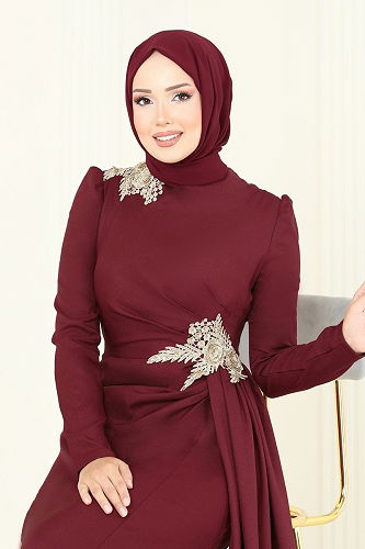 moda selvim فستان سهرة خمري ASM2810 - Thumbnail