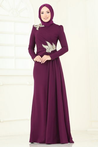 moda selvim Evening Dress ASM2810 Damson - Thumbnail