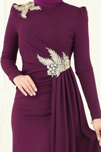 moda selvim Evening Dress ASM2810 Damson - Thumbnail