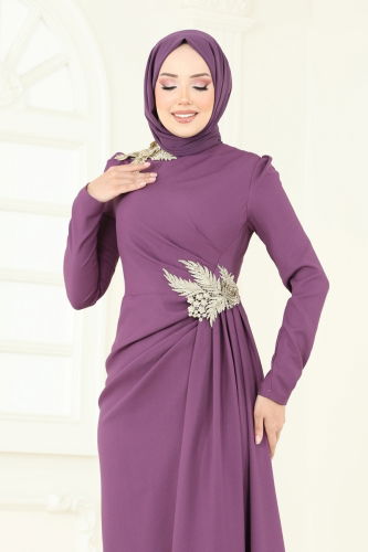 moda selvim فستان سهرة ليلكي غامق ASM2810 - Thumbnail