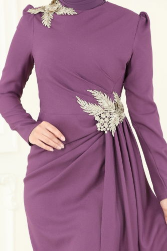moda selvim فستان سهرة ليلكي غامق ASM2810 - Thumbnail