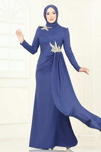 moda selvim Evening Dress ASM2810 Indigo - Thumbnail