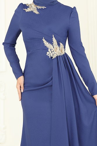 moda selvim Evening Dress ASM2810 Indigo - Thumbnail