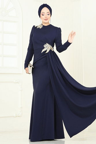 moda selvim Evening Dress ASM2810 Navy Blue - Thumbnail