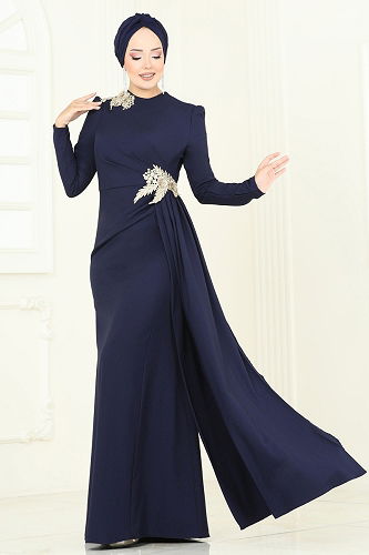 moda selvim Evening Dress ASM2810 Navy Blue - Thumbnail