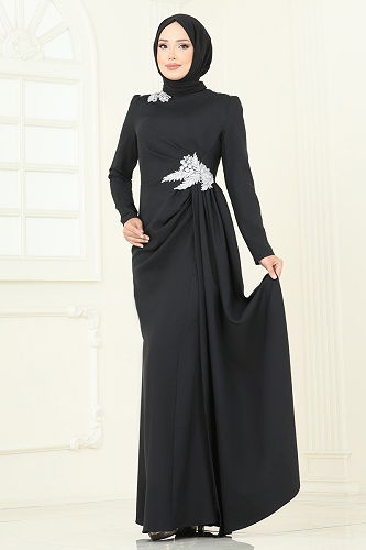 moda selvim فستان سهرة فضي وأسود ASM2810 - Thumbnail