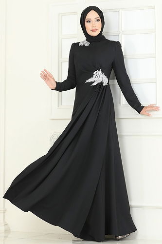 moda selvim فستان سهرة فضي وأسود ASM2810 - Thumbnail