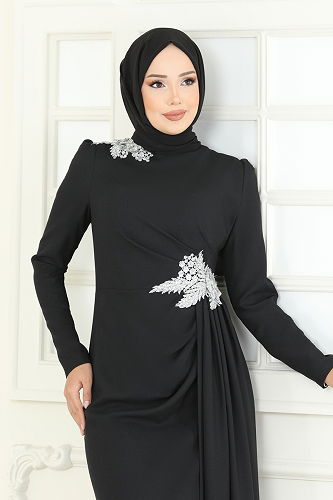 moda selvim فستان سهرة فضي وأسود ASM2810 - Thumbnail