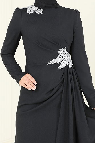 moda selvim فستان سهرة فضي وأسود ASM2810 - Thumbnail