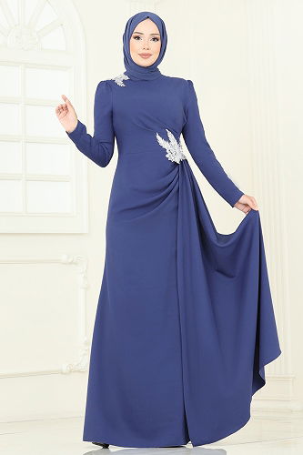 moda selvim Evening Dress ASM2810 Silver & Indigo - Thumbnail