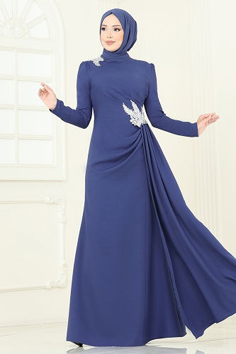 moda selvim Evening Dress ASM2810 Silver & Indigo - Thumbnail