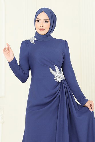 moda selvim Evening Dress ASM2810 Silver & Indigo - Thumbnail