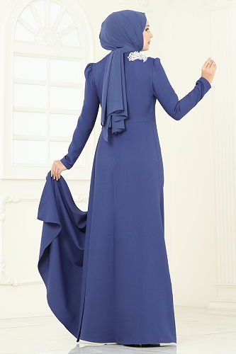 moda selvim فستان سهرة فضي وازرق ASM2810 - Thumbnail