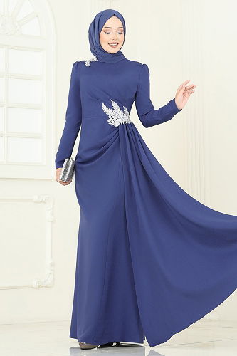 moda selvim فستان سهرة فضي وازرق ASM2810 - Thumbnail