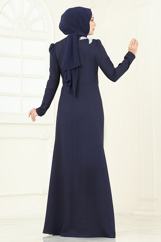 moda selvim Evening Dress ASM2810 Silver&Navy - Thumbnail